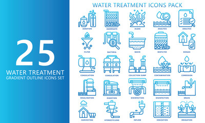 Water treatment gradient outline icons set. contain analysis, aquifer, corrosion, filter, drain and more. Vector EPS 10 for print, digital UI, UX kit, web and app for industry, ecology and environment