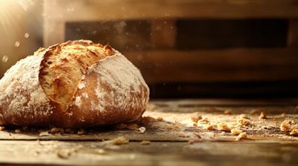 Freshly baked bread on a wooden table with flour dusting and sunlight streaming in.