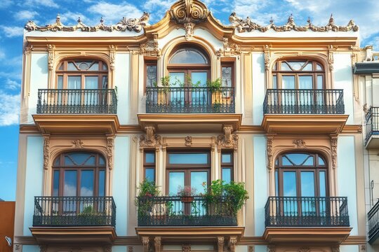 Elegant building with balconies and ornate details.