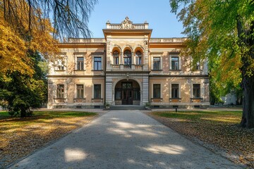 Fototapeta premium Elegant mansion with a paved path leading to the entrance, surrounded by lush greenery.
