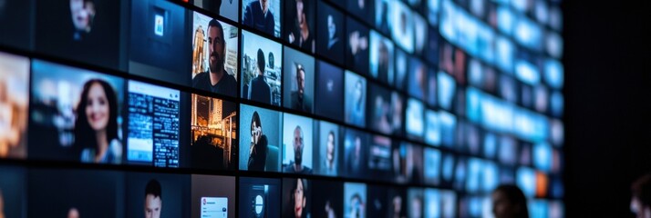 A vibrant display of screens shows various social media interfaces, capturing dynamic online interactions in a modern office. Generative AI