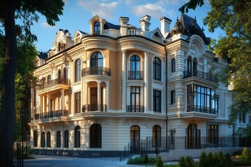 Fototapeta premium Elegant, three-story, yellow mansion with arched windows and balconies, surrounded by lush greenery.