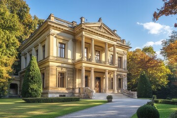 Fototapeta premium Elegant stone mansion with pillars and manicured lawn.