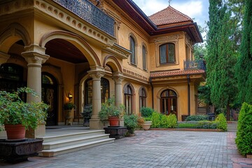 Obraz premium Elegant yellow mansion with columns and a paved courtyard.