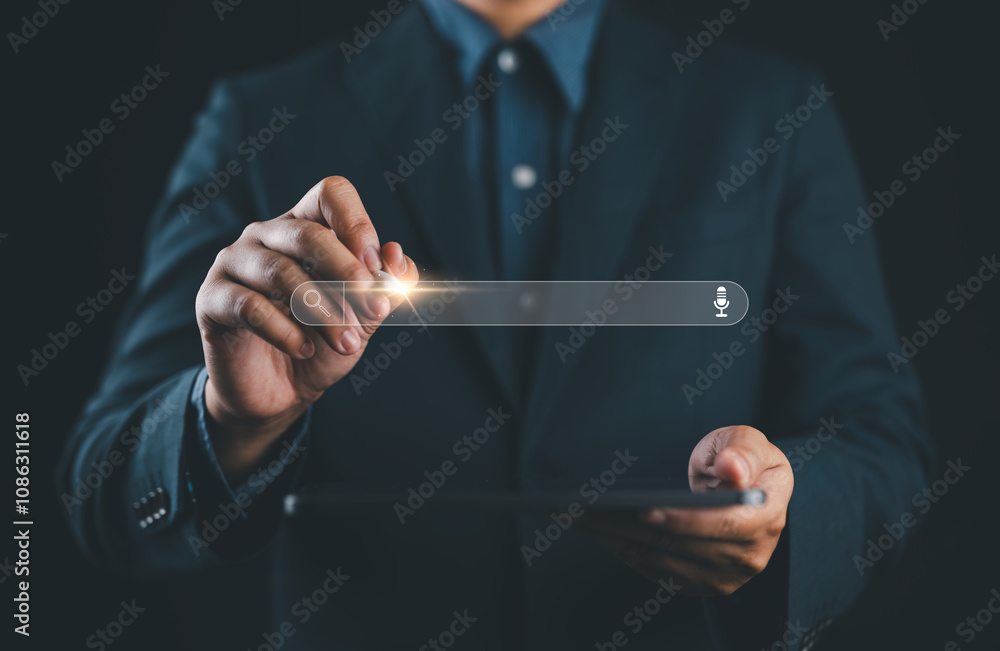 Aufkleber businessman using virtual search bar with magnifying glass icon, seo search engine optimization conc