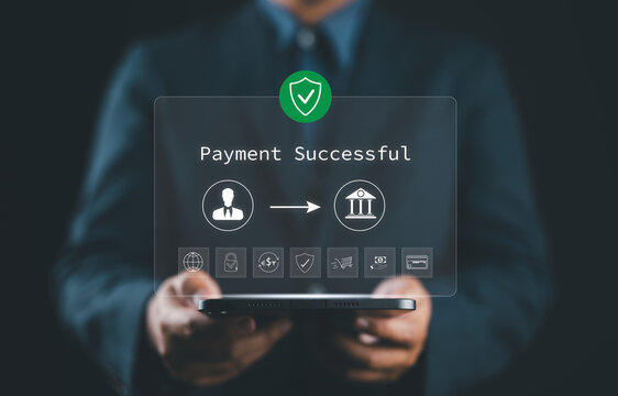 Businessman holding tablet displaying "Payment Successful" message, Successful Payment Confirmation in Online Digital Banking, with icons represent online transactions, financial technology, fintech