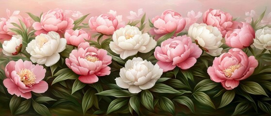 Fototapeta premium A vibrant arrangement of pink and white peonies set against a soft pastel background, showcasing their delicate petals and lush green foliage.