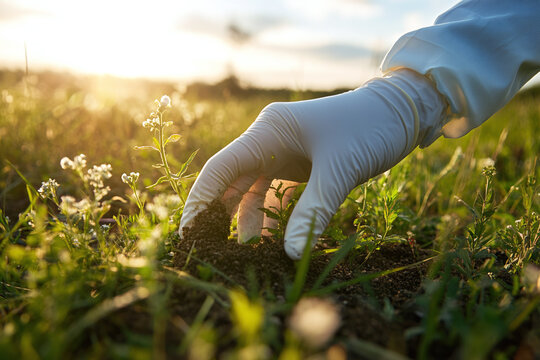 A gloved hand carefully holding a contaminated soil sample in a sunlit field, environmental concerns and scientific investigation.