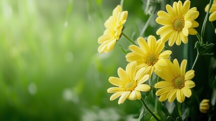 Obraz premium A vibrant cluster of yellow flowers set against a soft, green background, conveying a sense of tranquility and natural beauty.