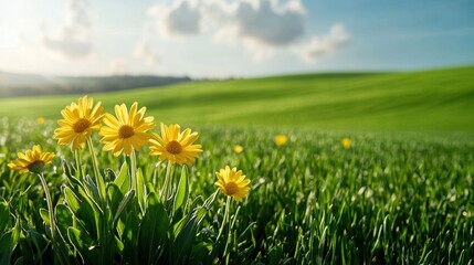 Fototapeta premium A vibrant field of yellow flowers blooms against a lush green landscape under a serene blue sky, embodying the beauty of nature.