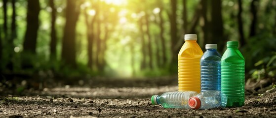 Fototapeta premium A collection of colorful plastic bottles discarded on a forest path, highlighting the issue of pollution in natural environments.