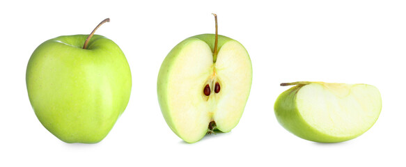 Whole and sliced green apple isolated on white