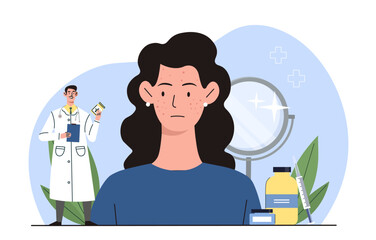 Dermatologist with woman. Man in medical gown looks at womans face. Cosmetology and dermatology, plastic surgeon with patient. Skincare and beauty procedures. Flat vector illustration