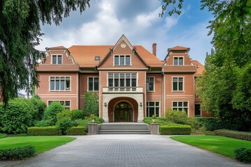 Large brick mansion with a driveway and lush landscaping.