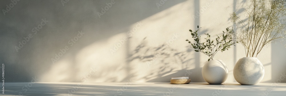 Aufkleber A calming arrangement of simple vases filled with greenery sits on a table, illuminated by soft sunlight creating delicate shadows. Generative AI