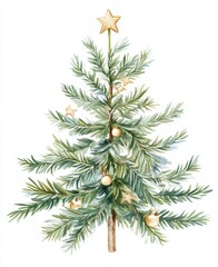 Obraz premium A charming watercolor painting of a festive Christmas tree, adorned with colorful ornaments, radiating warmth and holiday cheer.