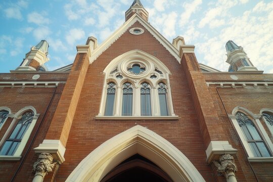 Low angle view of a brick church with arched entrance.