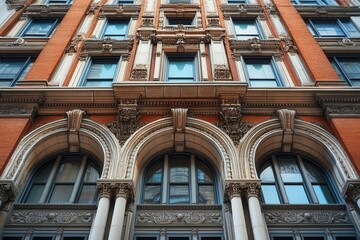 Low angle view of an ornate red brick building with arched windows.