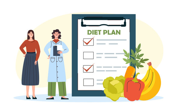 Woman with diet plan. Young girl with doctor near clipboard with food. Healthy lifestyle and proper diet and nutrition. Flat vector illustration isolated on white background
