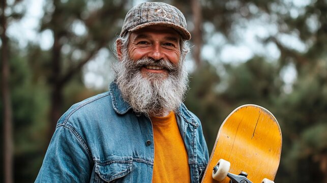 Happy senior man with long grey beard holding skateboard in forest.