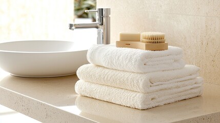 Contemporary bathroom, textured towels on vanity, integrated sink