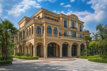 Luxury mansion with arched entrance and a paved driveway.