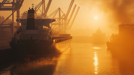 Fototapeta premium Golden Sunrise Cargo Ship at Port Industrial Harbor Scene