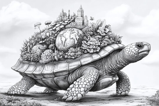 Coloring page of ancient turtle carrying world elements on its shell.