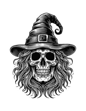 recommend clip art: skull witch hat engraving black and white outline