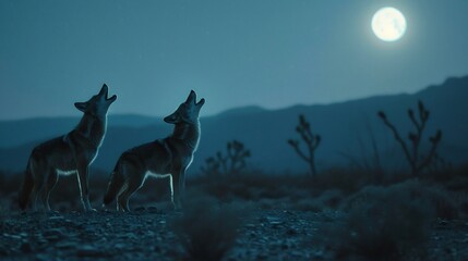 Coyotes howling the moonlit desert their silhouettes and eerie calls creating a sense of mystery and wildness