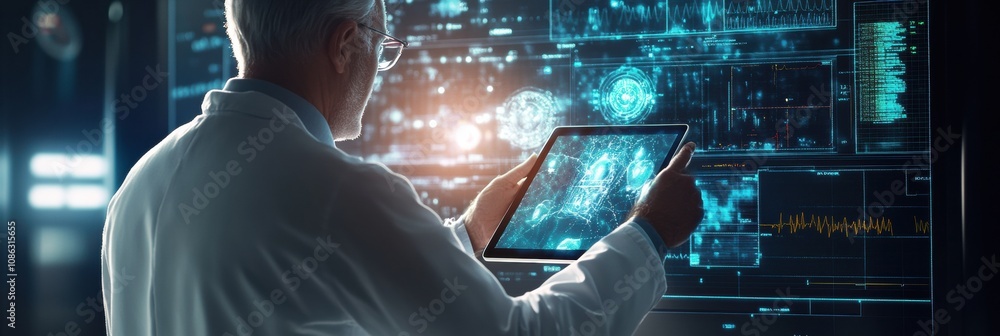 Poster a doctor in a white coat examines medical data displayed on a tablet, surrounded by advanced technol