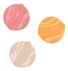 Colorful bath bomb sticker with a flat cartoon graphic style. Set of vibrant bath and bomb products, promoting beauty and organic care for skin body. Ideal for cosmetic branding or spa marketing.