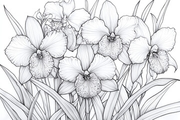 Fototapeta premium Coloring page of wild orchid garden with morning dew.