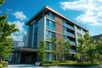 Fototapeta premium Modern apartment building with green landscaping and blue sky.