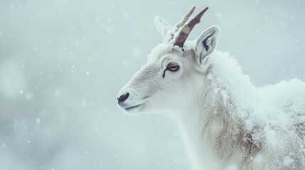 A white deer with large antlers stands in a snowy field, with its head turned to the side and its eyes looking off into the distance.