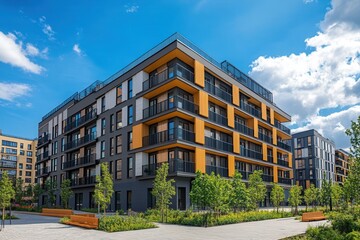 Modern apartment building with landscaped courtyard.