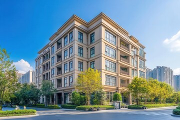 Modern apartment building with landscaping.