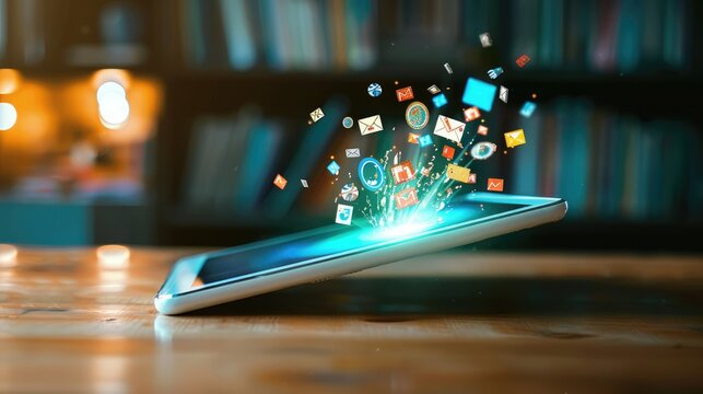 Digital tablet with floating educational icons