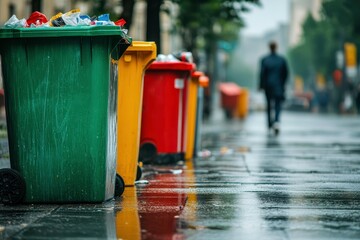 Colorful Trash Bins Lined Along a Rainy City Street with Reflective Puddles Highlighting Urban Waste Management and Environmental Challenges