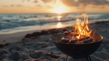 A beachside barbecue at sunset, with food grilling over an open flame.