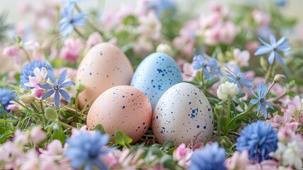 Easter eggs in pastel colors nestled in spring flowers