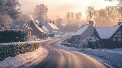 Quiet village road in morning fog, with snow-covered rooftops fading into the winter mist