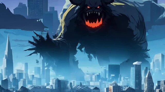 A giant monster looming over a futuristic city, creating a sense of impending doom.