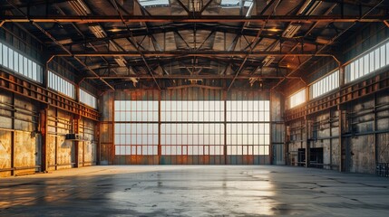 Empty industrial garage with high ceilings and metallic walls