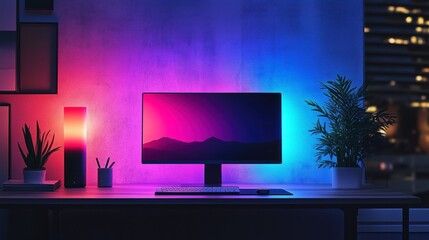 Stylish Neon-Lit Modern Home Office Workspace in a Dim Room with RGB-Lit Computer Setup: Perfect for Streaming, Zoom Virtual Meetings, YouTube Digital Channel Background, and Modern Studio Backdrop