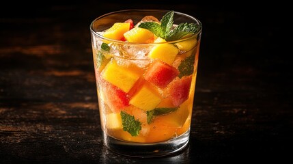Here's a  and keyword list suitable for stock photo submission.. Refreshing summer fruit cocktail with mango, watermelon, and mint.