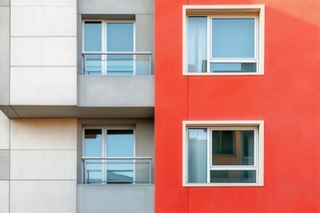 Fototapeta premium Modern building facade with red and grey walls and windows.