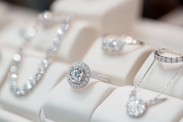 Diamond jewelry displayed on white velvet pads.