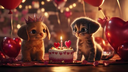 Adorable Puppy and Kitten Celebrating Valentine's Day with a Birthday Cake
