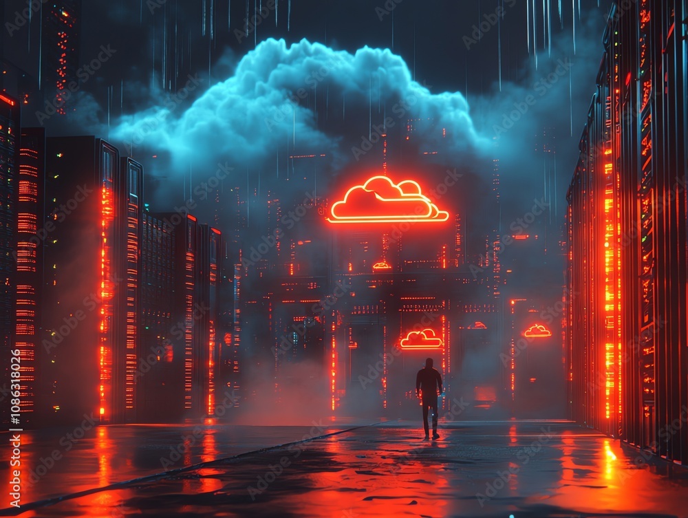 Poster A lone figure walks towards a glowing cloud icon, representing data storage and connectivity, in a futuristic cityscape composed of server racks.